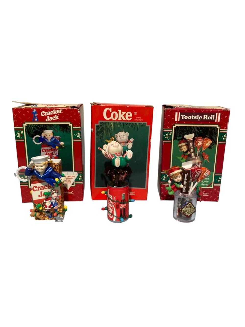 Vintage Christmas Enesco Ornaments Lot Of 3 Coca-Cola Cracker Jack Tootsie Roll